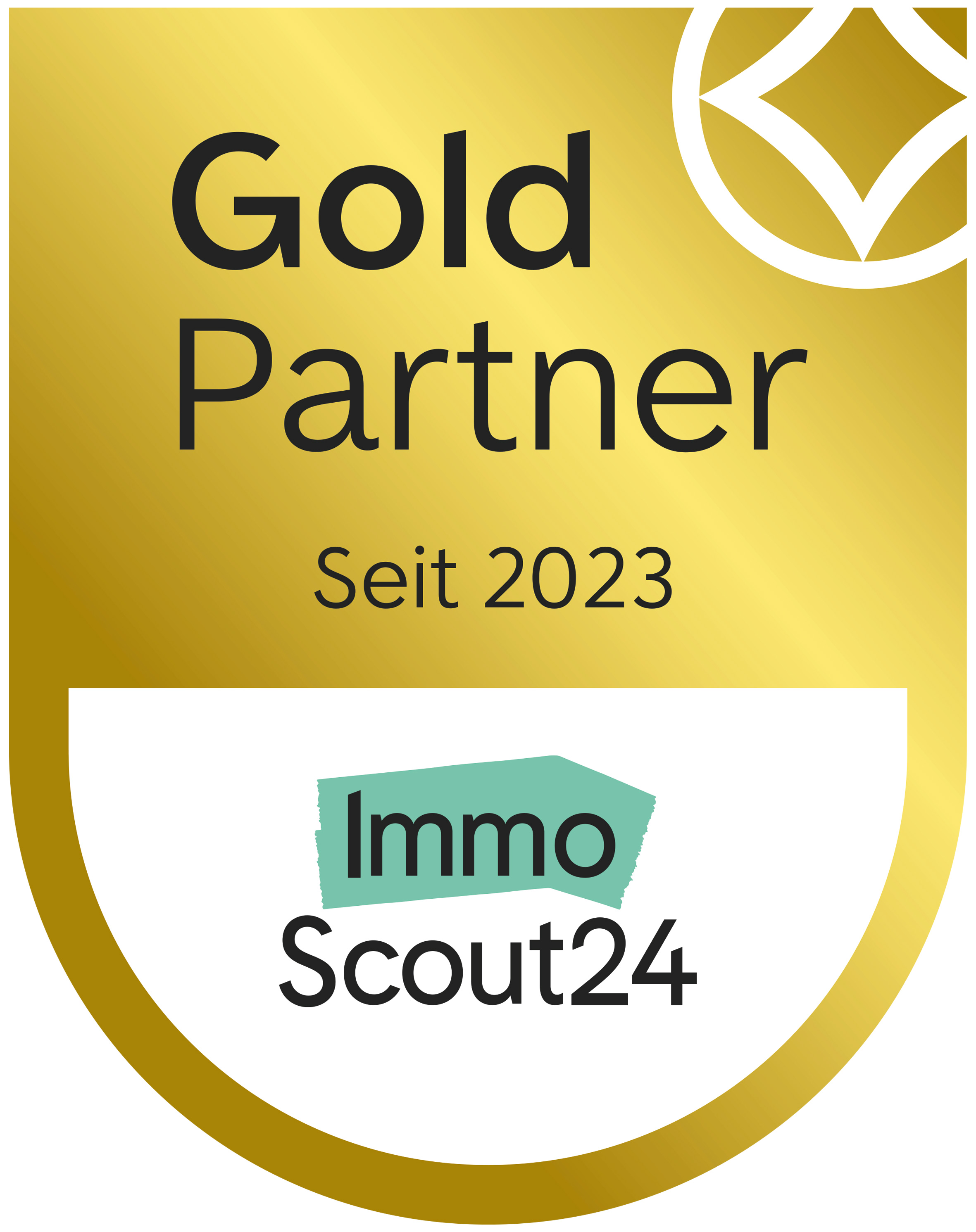 Goldenes Abzeichen mit Text "Gold Partner Seit 2023" und "Immo Scout24" Logo.