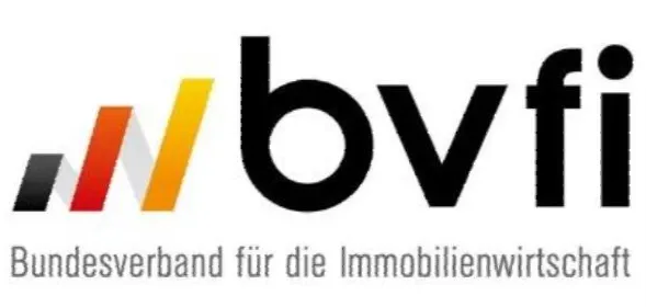 Logo des BVFI mit Buchstaben in Schwarz neben einem dreifarbigen Streifen in Grau, Orange und Rot.
