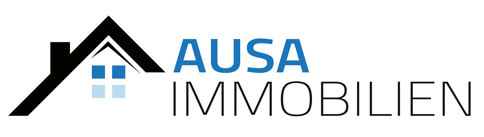 Ein Logo mit einem stilisierten schwarzen Hausdach und blauen Buchstaben.